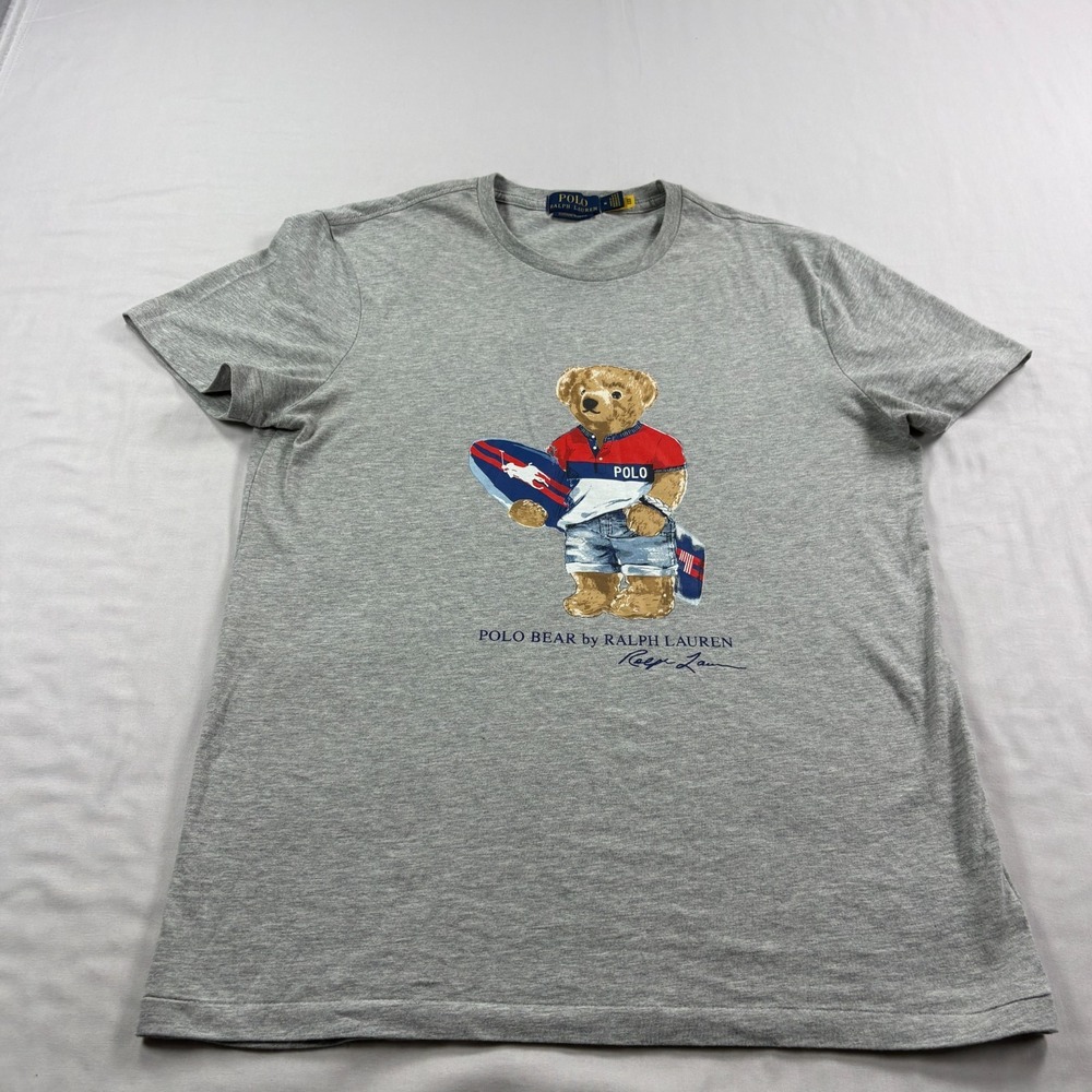 Polo Bear Ralph Lauren Shirt Mens Medium Gray Surf Big Logo Crew Neck Slim Fit